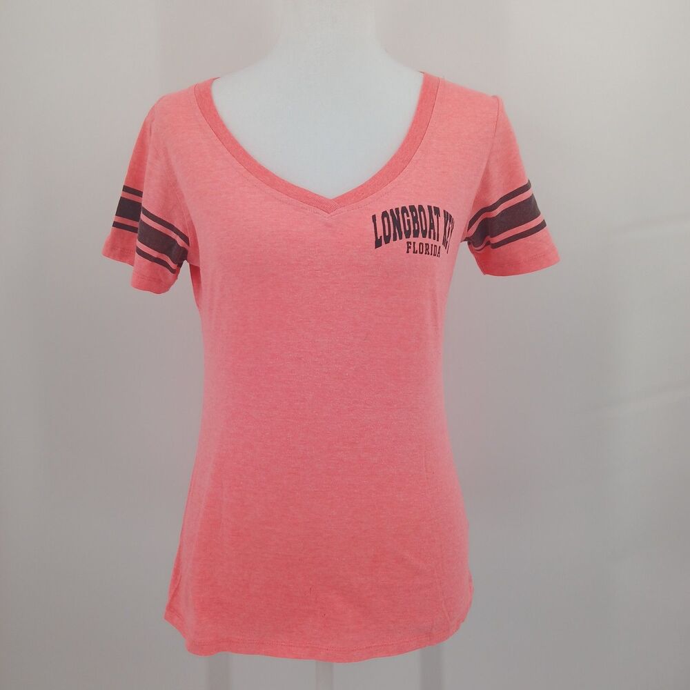 womens size small longboat key Florida v neck ringer neon pink tee shirt